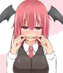 Rule 34 | 1girl, black vest, breasts, commentary request, covered mouth, demon wings, garasuita, hair between eyes, hands up, head wings, holding, koakuma, large breasts, long hair, long sleeves, looking at viewer, necktie, pink background, popsicle stick, red eyes, red hair, red necktie, shirt, solo, touhou, translation request, two-tone background, upper body, vest, white background, white shirt, wing collar, wings