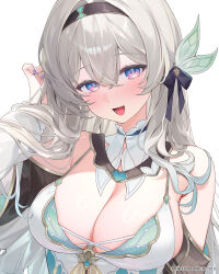 Rule 34 | 1girl, alternate costume, bare shoulders, black hairband, blue eyes, blush, bow, breasts, cleavage, collar, detached sleeves, firefly (honkai: star rail), frilled collar, frills, grey hair, hair between eyes, hair bow, hair intakes, hair ornament, hairband, hand in own hair, highres, honkai: star rail, honkai (series), large breasts, long hair, machi (7769), multicolored eyes, open mouth, pink eyes, simple background, solo, upper body, white background