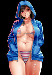 Rule 34 | 1girl, alternate costume, bikini, bikini under clothes, black background, black hair, breasts, cowboy shot, final fantasy, final fantasy vii, hands in pockets, highres, hood, hood up, hooded jacket, huge breasts, jacket, large breasts, long hair, long sleeves, looking at viewer, navel, open clothes, open jacket, red eyes, simple background, solo, standing, striped bikini, striped clothes, swimsuit, switch01, tifa lockhart