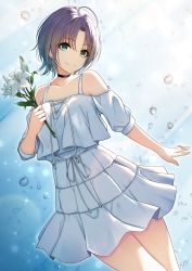 Rule 34 | 1girl, absurdres, antenna hair, asakura toru, blue eyes, bubble, choker, cross-laced clothes, dress, earrings, flower, highres, holding, holding flower, idolmaster, idolmaster shiny colors, jewelry, light blue dress, lily (flower), looking at viewer, miyar2d2, multicolored hair, off-shoulder dress, off shoulder, parted bangs, short hair, short sleeves, smile, solo, sunlight, two-tone hair, water, white flower