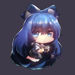 Rule 34 | 1girl, absurdly long hair, bad id, bad pixiv id, blue bow, blue eyes, blue hair, blue skirt, bow, bowl, bracelet, broken, chibi, full body, hair bow, holding, hood, hoodie, jewelry, kneeling, long hair, looking at viewer, miniskirt, mo ne, simple background, skirt, solo, stuffed toy, touhou, very long hair, yorigami shion