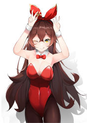 Rule 34 | 1girl, absurdres, amber (genshin impact), animal ears, bow, bowtie, breasts, brown hair, brown pantyhose, cleavage, cowboy shot, detached collar, fake animal ears, genshin impact, hair between eyes, highres, large breasts, leotard, long hair, looking at viewer, one eye closed, pantyhose, playboy bunny, rabbit ears, rabbit pose, red bow, red bowtie, red leotard, redshark (t373412), simple background, solo, strapless, strapless leotard, tongue, tongue out, white background, wrist cuffs, yellow eyes