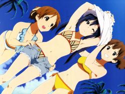 Rule 34 | 3girls, :&lt;, armpits, arms up, bare shoulders, bikini, black hair, blush, brown eyes, brown hair, clothes pull, day, denim, denim shorts, dutch angle, flat chest, hair ribbon, highres, hirasawa ui, iwasaki nami, k-on!, long hair, multiple girls, nakano azusa, navel, official art, one eye closed, open mouth, ponytail, pulling another&#039;s clothes, ribbon, scan, short hair, short twintails, shorts, shorts pull, smile, suzuki jun, swimsuit, twintails, undressing, wink