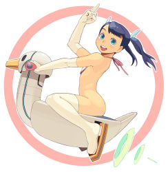 Rule 34 | 1girl, adult baby, ass, bib, bird, blue eyes, blue hair, duck, elbow gloves, flat chest, gloves, go robots, long hair, matching hair/eyes, middle finger, no panties, original, potty, solo, thighhighs, twintails, white thighhighs