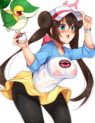 Rule 34 | 1girl, :d, ^^^, adjusting clothes, adjusting headwear, aqua eyes, arm up, baseball cap, black pantyhose, blush, bra, breasts, brown hair, commentary request, cowboy shot, creatures (company), daichi (tokoya), double bun, game freak, gen 5 pokemon, hair between eyes, hair bun, hand up, hat, highres, holding, large breasts, leaning forward, long hair, long sleeves, looking at viewer, miniskirt, nintendo, nose blush, open mouth, pantyhose, poke ball, poke ball (basic), pokemon, pokemon (creature), pokemon bw2, raglan sleeves, red bra, red eyes, rosa (pokemon), see-through, shirt, sidelocks, simple background, skirt, smile, snivy, standing, sweat, t-shirt, thighs, twintails, underwear, v-shaped eyebrows, very long hair, watch, white background, white headwear, white shirt, wristwatch, yellow skirt