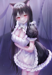 Rule 34 | 1girl, absurdres, animal ears, apron, arms under breasts, black hair, blush, breasts, cat ears, cleavage, cowboy shot, dress, frilled apron, frilled dress, frilled sleeves, frills, hair between eyes, highres, large breasts, long hair, looking at viewer, maid, maid apron, open mouth, original, puffy short sleeves, puffy sleeves, short sleeves, solo, two-tone dress, very long hair, yume (yumeyume 030)