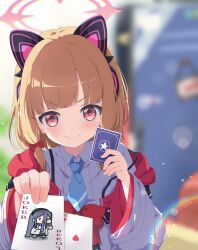 Rule 34 | 1girl, ace (playing card), ace of hearts, animal ear headphones, animal ears, aris (blue archive), blue archive, blue necktie, blurry, blurry background, blush, bow, card, cat ear headphones, fake animal ears, green halo, halo, haluka o0, headphones, heart, highres, jacket, joker (playing card), lens flare, light particles, long sleeves, momoi (blue archive), necktie, pink halo, playing card, red eyes, shirt, short hair, smile, solo, white jacket