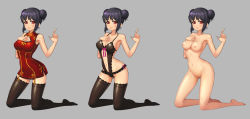 Rule 34 | 1girl, absurdres, black hair, bow, breasts, china dress, chinese clothes, cleavage cutout, clothing cutout, costume chart, covered erect nipples, covered navel, double bun, dress, full body, grey background, hand on own chest, highres, index finger raised, k1 (erin22), kneeling, lingerie, looking at viewer, multiple views, nude, original, red dress, red eyes, short hair, sidelocks, simple background, smile, thighhighs, underwear, variations, zettai ryouiki