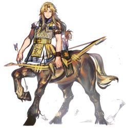 Rule 34 | 1boy, arm strap, armor, arrow (projectile), blonde hair, blue scarf, bow (weapon), centaur, chiron (fate), curtained hair, fate/apocrypha, fate/grand order, fate (series), full body, green eyes, holding, holding arrow, holding bow (weapon), holding weapon, long hair, looking to the side, low-tied long hair, male focus, quiver, scarf, simple background, sketch, sleeveless, smile, solo, taur, tunic, weapon, white background, white tunic, wristband, yurizuka (sergeant heart)