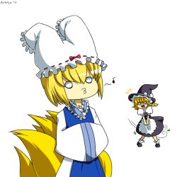 Rule 34 | 2girls, artrica, bad id, bad pixiv id, blonde hair, bloomers, bloomers on head, braid, clothes theft, female focus, fox tail, hat, kirisame marisa, multiple girls, o3o, object on head, short hair, signature, tail, theft, touhou, underwear, underwear theft, witch, witch hat, yakumo ran