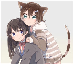 Rule 34 | 2girls, :3, animal ear fluff, animal ears, black hair, blue eyes, bow, bowtie, brown hoodie, brown jacket, brown skirt, cat ears, closed mouth, collared shirt, commentary request, fish hair ornament, fumino tamaki, green eyes, grey background, hair between eyes, hair ornament, hairclip, hand on another&#039;s shoulder, hood, hoodie, jacket, long hair, long sleeves, looking at another, multiple girls, nijisanji, red neckwear, shirt, short hair, simple background, skirt, sleeves past wrists, smile, sou (tuhut), striped clothes, striped hoodie, tail, tsukino mito, tsukino mito (1st costume), virtual youtuber, white shirt