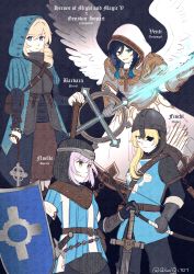 Rule 34 | 1boy, 3girls, absurdres, angel, angel wings, aqua hair, armor, arrow (projectile), barbara (genshin impact), belt, black gloves, black hair, black pants, blonde hair, blue eyes, blue jacket, blue shirt, bow (weapon), braid, breastplate, brown belt, chain, chainmail, closed mouth, cross, crossover, english text, expressionless, eyepatch, feathered wings, fischl (genshin impact), frown, gauntlets, genshin impact, gloves, gradient hair, green eyes, grey hair, helmet, heroes of might and magic, heroes of might and magic v, highres, holding, holding bow (weapon), holding shield, holding weapon, hood, hood up, hooded jacket, jacket, juliet sleeves, long hair, long sleeves, looking at viewer, medieval, might and magic, multicolored hair, multiple girls, noelle (genshin impact), pants, priest, puffy sleeves, qiwiq, quiver, serious, sheath, sheathed, shield, shirt, sidelocks, smile, sword, trap, twin braids, venti (genshin impact), weapon, white hood, white wings, wings, wrist guards