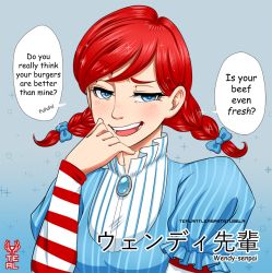 Rule 34 | 1girl, ?, blush, braid, breasts, dress, english text, freckles, half-closed eyes, looking at viewer, pinstripe pattern, product girl, puffy short sleeves, puffy sleeves, red hair, short sleeves, smile, smug, solo, sparkle, speech bubble, striped, teeth, text focus, twin braids, twintails, upper body, wendy&#039;s, wendy (wendy&#039;s)