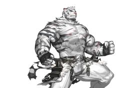 Rule 34 | 1boy, abs, absurdres, animal ears, arknights, bandages, bandaged hand, bandages, bara, biceps, feet out of frame, furry, furry male, highres, large pectorals, male focus, mountain (arknights), muscular, muscular male, navel, nipples, pants, pectorals, scar, scar across eye, scar on face, topless male, short hair, solo, standing, stomach, thighs, tiger boy, tiger ears, tight clothes, tight pants, traver009, veins, white fur, white hair, white pants