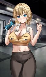 Rule 34 | 1girl, absurdres, alternate costume, bare shoulders, blonde hair, blue eyes, blush, bottle, bra, breasts, bubba (watson amelia), cleavage, closed mouth, collarbone, contrapposto, gym, hands up, henfruity, highres, hololive, hololive english, large breasts, looking at viewer, medium hair, navel, pants, print bra, smile, solo, sports bra, thigh gap, towel, towel around neck, underwear, v, virtual youtuber, water bottle, watson amelia, yoga pants