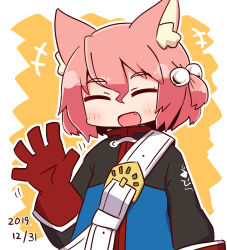Rule 34 | +++, 1girl, 7th dragon, 7th dragon (series), :d, ^ ^, animal ear fluff, animal ears, belt, belt buckle, blue jacket, blush, buckle, cat ears, closed eyes, dated, facing viewer, fang, fighter (7th dragon), gloves, hair between eyes, hair bobbles, hair ornament, hand up, harukara (7th dragon), jacket, long sleeves, naga u, one side up, open mouth, orange background, pink hair, red gloves, smile, solo, two-tone background, upper body, white background, white belt