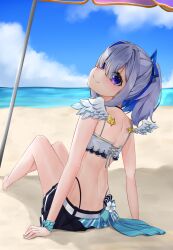 Rule 34 | 1girl, amane kanata, angel wings, arm support, asymmetrical bangs, back, bare arms, barefoot, beach, beach umbrella, bikini, bikini skirt, black skirt, blue hair, blue sky, blush, bow, closed mouth, colored inner hair, commentary request, cross-laced bikini, cross-laced clothes, day, detached wings, feathered wings, foreshortening, from behind, full body, gradient wings, grey hair, hair intakes, hair over one eye, head tilt, highleg, highleg bikini, highres, hololive, hololive summer 2023 swimsuit, horizon, layered bikini, looking at viewer, looking back, median furrow, mini wings, multicolored hair, multicolored wings, ocean, official alternate costume, outdoors, ponytail, ribbon, rike 111, sand, short hair, sitting, skirt, sky, smile, solo, swimsuit, umbrella, virtual youtuber, waist bow, white bikini, white wings, wings, wrist ribbon