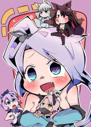 Rule 34 | 5girls, :d, ahoge, akagi (azur lane), animal ears, azur lane, black bow, black thighhighs, blue eyes, blunt bangs, blush, bow, breasts, brown hair, brown jacket, chibi, closed mouth, commentary request, covered mouth, fang, fox ears, fox girl, fox tail, full body, glisten, hair bow, heart, heart-shaped pupils, heart ahoge, heterochromia, highres, indianapolis (azur lane), jacket, javelin (azur lane), kaga (azur lane), kitsune, large breasts, light purple hair, long hair, medium hair, miniskirt, multiple girls, multiple tails, open mouth, pink hair, portland (azur lane), purple hair, red eyes, red skirt, siblings, side ponytail, sisters, skirt, smile, symbol-shaped pupils, tail, thighhighs, turtleneck, upper body, very long hair, white hair, yellow eyes