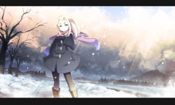 Rule 34 | 1girl, asakura masatoki, blonde hair, blue eyes, boots, cloud, coat, coat dress, forest, hair ornament, hairclip, highres, letterboxed, nature, original, outdoors, pantyhose, scarf, snow, solo, tree, winter, winter clothes, winter coat