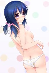 Rule 34 | 1girl, ass, back, blue hair, blush, breasts, d-frag!, doria (p f dolia), from behind, funabori, hair ribbon, looking at viewer, looking back, low twintails, medium breasts, panties, purple eyes, ribbon, sideboob, solo, standing, tears, twintails, underwear