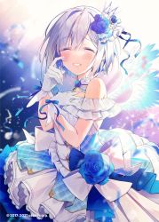 Rule 34 | 1girl, amane kanata, angel wings, blue flower, blue hair, blue rose, blush, bob cut, bow, breasts, colored inner hair, commentary, cowboy shot, crown, crying, crying with eyes open, detached collar, dress, earrings, closed eyes, flower, frilled dress, frills, gloves, grin, hair between eyes, hair ribbon, halo, hand on own chest, happy tears, highres, hololive, idol, jewelry, large bow, light rays, looking at viewer, mini crown, multicolored hair, official alternate costume, official art, oshio (dayo), pink hair, ribbon, rose, short hair, silver hair, single hair intake, sleeveless, sleeveless dress, small breasts, smile, solo, streaked hair, tears, virtual youtuber, watermark, white bow, white dress, white gloves, wings, wiping tears