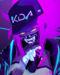 Rule 34 | 1girl, akali, baseball cap, choker, cropped jacket, gloves, glowing, hat, highres, inosia, inverted colors, k/da (league of legends), k/da akali, league of legends, looking at viewer, mask, mouth mask, official alternate costume, paint, ponytail, purple hair, solo, spray can, ultraviolet light, yellow eyes