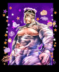 Rule 34 | 1boy, absurdres, bandage over one eye, bandages, bara, bare pectorals, black border, black hair, blush, border, clenched hand, commentary request, covered abs, cowboy shot, dated, english text, facial hair, fire, flaming halo, flying sweatdrops, frown, ghost print, halloween, halloween costume, halo, highres, jack-o&#039;-lantern print, kano (kano to10), large pectorals, male focus, mature male, mummy costume, muscular, muscular male, mustache stubble, naked bandage, navel, nipples, official alternate costume, open mouth, pectorals, purple background, short hair, solo, spiked hair, star (symbol), stubble, sweatdrop, textless version, thick arms, thick thighs, thighs, tokyo houkago summoners, twitter username, yellow eyes, zabaniyya (halloween) (housamo), zabaniyya (housamo)