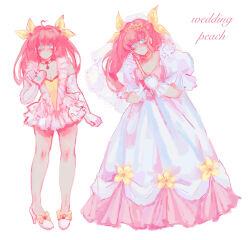 2girls ai_tenshi_densetsu_wedding_peach blue_eyes bow breasts character_name choker cleavage dress dual_persona english_text hair_ribbon hanasaki_momoko heart high_heels highres magical_girl multiple_girls pink_hair ribbon rknchan standing tiara wedding_dress wedding_peach white_background