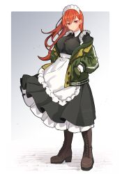 Rule 34 | 1girl, absurdres, alternate costume, apron, black dress, boots, breasts, brick floor, brown eyes, brown hair, dress, enmaided, frilled apron, frills, full body, grey background, hand in pocket, highres, jacket, kantai collection, large breasts, looking at viewer, maid, maid apron, maid headdress, mochizou, ooi (kancolle), solo, waist apron, white apron