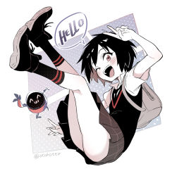 Rule 34 | 1girl, ;d, arm up, ass, backpack, bag, black footwear, black hair, black socks, blush, brown eyes, collared shirt, commentary request, english text, full body, grey skirt, marvel, necktie, one eye closed, open mouth, peni parker, pleated skirt, shirt, shoe soles, shoes, short hair, short sleeves, skirt, smile, socks, solo, spider-man: into the spider-verse, spider-man (series), spider-verse, sweater vest, ter (otokoter), twitter username, v