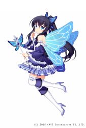 Rule 34 | 1girl, bare shoulders, black hair, blue dress, blue eyes, blush, boots, butterfly hair ornament, closed mouth, detached sleeves, dress, fairy wings, floating, frilled dress, frills, from side, full body, gothic wa mahou otome, hair ornament, hand up, high heel boots, high heels, highres, holding, index finger raised, jenevan, long hair, looking at viewer, looking to the side, official art, ponytail, simple background, solo, thighhighs, wand, watermark, white background, white footwear, white thighhighs, wings