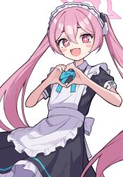 Rule 34 | + +, 1girl, :d, absurdres, apron, blue archive, blush stickers, fang, hair between eyes, halo, heart, heart hands, highres, koyuki (blue archive), long hair, looking at viewer, maid, maid apron, maid headdress, open mouth, pink hair, pink halo, short sleeves, skin fang, smile, solo, tadashisa, twintails, white apron