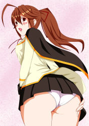 Rule 34 | 1girl, absurdres, ahoge, arc system works, ass, blazblue, blazblue: chronophantasma, blush, breasts, brown hair, cape, celica a. mercury, female focus, fisel, from behind, from below, hair ribbon, hand on ass, highres, long hair, looking back, looking down, open mouth, panties, pantyshot, ponytail, red eyes, ribbon, school uniform, sideboob, skirt, solo, underwear, upskirt, white panties