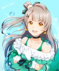Rule 34 | 10s, 1girl, :d, brown hair, bubble, dated, earrings, gloves, hair ribbon, jewelry, kira-kira sensation!, long hair, looking at viewer, love live!, love live! school idol project, minami kotori, one side up, open mouth, ribbon, smile, solo, tomm0515, yellow eyes