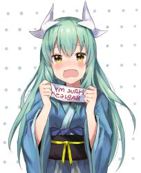 Rule 34 | 1girl, aqua hair, blue kimono, blush, crying, crying with eyes open, d:, english text, fate/grand order, fate (series), hair between eyes, highres, holding, holding sign, horns, japanese clothes, kimono, kiyohime (fate), long hair, long sleeves, looking at viewer, mochii, obi, open mouth, sash, sign, signature, solo, tears, white background, wide sleeves, yellow eyes