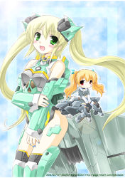 Rule 34 | 2girls, aircraft, airplane, arm warmers, armor, bare shoulders, blonde hair, bodysuit, brush, chibi, f-22, f-35, green armor, green eyes, headdress, headgear, highleg, highleg leotard, jet, leg armor, leotard, long hair, mc axis, mecha musume, mechanical wings, military, minazoi kuina, multiple girls, open mouth, personification, red eyes, ribbon, smile, thighhighs, twintails, very long hair, wings