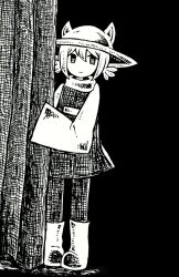 Rule 34 | animal ears, boots, cat ears, co8, forest, hat, hiding, monochrome, nature, niko (oneshot), oneshot (game), socks, tunic, whiskers