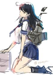 Rule 34 | 10s, 1girl, ahoge, antennae, artist name, backpack, bag, black hair, blouse, blue skirt, box, breasts, expressionless, female focus, from side, full body, hand on thigh, kantai collection, kneeling, large breasts, long hair, looking at viewer, machinery, neckerchief, one-hour drawing challenge, plaid, pleated skirt, rigging, school uniform, serafuku, shirt, sideways mouth, simple background, skirt, smile, socks, solo, torminal, twitter username, ushio (kancolle), white background, white shirt
