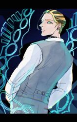 Rule 34 | 1boy, absurdres, black hair, blonde hair, dmokad, earrings, formal, grey vest, highres, jewelry, long sleeves, looking back, male focus, multicolored hair, neck tattoo, negai no astro, shirt, short hair, solo, standing, streaked hair, suit, tattoo, two-tone hair, vest, white shirt, white suit, yellow eyes, yotsurugi shio