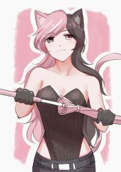 Rule 34 | 1girl, absurdres, animal ears, belt, black gloves, black pants, border, breasts, brown eyes, brown hair, cat ears, cat tail, concealed weapon, covered navel, cowboy shot, gloves, heterochromia, highres, leotard, light smile, long hair, looking at viewer, medium breasts, multicolored hair, neo politan, outline, pants, parasol, pink background, pink eyes, pink hair, rwby, solo, split-color hair, strapless, strapless leotard, tail, tl (xdd), two-tone hair, umbrella, weapon, white border