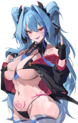 Rule 34 | 1girl, absurdres, bare shoulders, between breasts, bikini, black bikini, black collar, black gloves, black horns, black jacket, blue hair, blue necktie, breasts, collar, commentary, demon horns, detached collar, facial mark, gloves, hair intakes, hair ornament, highres, horns, jacket, large breasts, long hair, looking at viewer, micro bikini, middle finger, multicolored hair, navel, necktie, necktie between breasts, off shoulder, open clothes, open jacket, open mouth, original, partially fingerless gloves, pointy ears, pubic tattoo, red eyes, rima (0136), skindentation, solo, stomach, streaked hair, swimsuit, symbol-only commentary, tattoo, teeth, twintails, upper body