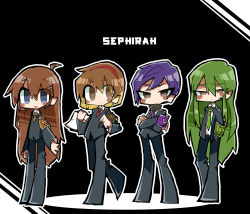 Rule 34 | 2boys, 2girls, :d, ahoge, armband, black jacket, black pants, black suit, black sweater, blonde hair, blue eyes, brown eyes, brown hair, closed mouth, collared shirt, commentary, crossed arms, deformed, eyes visible through hair, formal, frown, full body, green hair, green necktie, hair between eyes, hand in pocket, highres, hod (project moon), holding, holding notepad, holding pen, jacket, lobotomy corporation, long hair, long sleeves, malkuth (project moon), multicolored hair, multiple boys, multiple girls, necktie, netzach (project moon), notepad, open clothes, open jacket, open mouth, orange necktie, pants, pen, project moon, purple hair, purple necktie, red necktie, shirt, short hair, smile, standing, suit, suit jacket, suzua0421, sweater, turtleneck, turtleneck sweater, very long hair, walking, white shirt, yesod (project moon)