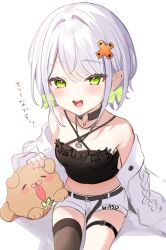 Rule 34 | .live, 1girl, blush, breasts, character request, collarbone, dog, earrings, green eyes, grey hair, hair ornament, highres, jacket, jewelry, necklace, open mouth, ribbon earrings, satoupote, shorts, single thighhigh, small breasts, solo, thighhighs, translation request, virtual youtuber