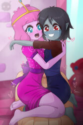 Rule 34 | 1boy, 2girls, ^^^, absurdres, adventure time, barefoot, black hair, blue eyes, breast press, colored skin, crown, dress, drooling, el chasconsito, eyelashes, fangs, feet, from side, girl on top, grey skin, grin, heart, highres, hug, looking at viewer, marceline abadeer, multiple girls, open mouth, penis, pink dress, pink hair, pink skin, pointy ears, pov, pov crotch, princess bonnibel bubblegum, red eyes, saliva, short hair, short sleeves, sidelocks, smile, soles, straddling, symmetrical docking, thighs, toes, uncensored
