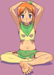 Rule 34 | 1girl, arms up, barefoot, blue eyes, blush, closed mouth, elpeo puru, feet, female focus, green neckerchief, green skirt, gundam, gundam zz, highres, jewelry, looking at viewer, midriff, navel, neckerchief, necklace, purple background, simple background, single thighhigh, sitting, skirt, soles, solo, thighhighs, toeless legwear, toes, tsuichi, wristband