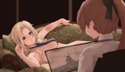 Rule 34 | 2girls, akigumo (kancolle), black necktie, blonde hair, breasts, brown eyes, convenient censoring, couch, from behind, grey eyes, highres, historical event, hornet (kancolle), k jie, kantai collection, large breasts, long hair, lying, multiple girls, necktie, nude, on side, parody, ponytail, scene reference, ship, solo focus, titanic (movie), topless, watercraft