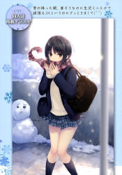 Rule 34 | 1girl, absurdres, bag, black socks, blurry, blurry background, brown eyes, brown hair, buttons, closed mouth, coffee-kizoku, day, depth of field, highres, kneehighs, long sleeves, looking at viewer, miniskirt, original, outdoors, scan, scarf, school bag, school uniform, skirt, smile, snow, snowing, snowman, socks, solo, standing, sweater, white sweater, winter clothes