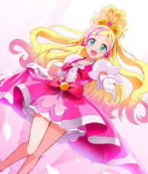 Rule 34 | 1girl, :d, blonde hair, bow, brooch, choker, cure flora, earrings, gloves, go! princess precure, green eyes, half updo, haruno haruka, jewelry, kakiuchi itsuki, long hair, magical girl, multicolored hair, open mouth, outstretched hand, pink hair, pink skirt, precure, puffy short sleeves, puffy sleeves, short sleeves, skirt, smile, solo, streaked hair, two-tone hair, waist bow, white background