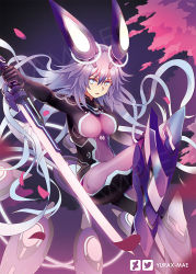 Rule 34 | 1girl, arm up, artist name, blue eyes, bodysuit, breasts, hair between eyes, headgear, holding, holding weapon, long hair, looking at viewer, medium breasts, neptune (neptunia), neptune (series), next purple, power symbol, purple bodysuit, purple hair, purple heart (neptunia), solo, symbol-shaped pupils, v-shaped eyebrows, very long hair, weapon, yurax-mae