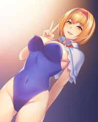 Rule 34 | 1girl, alice margatroid, blush, breasts, brown eyes, brown hair, cleavage, cookie (touhou), gradient background, hairband, highres, hinase (cookie), large breasts, looking at viewer, navel, open mouth, short hair, smile, solo, tarmo, touhou, v